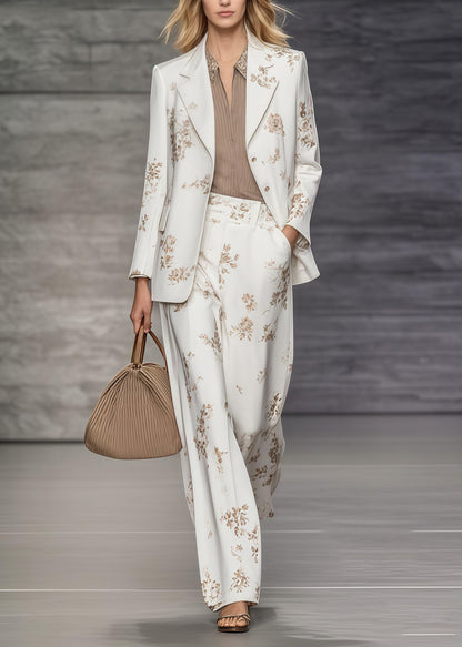 White Print Draping Spandex Coat and Straight Pants Two Piece Set Oversized Spring