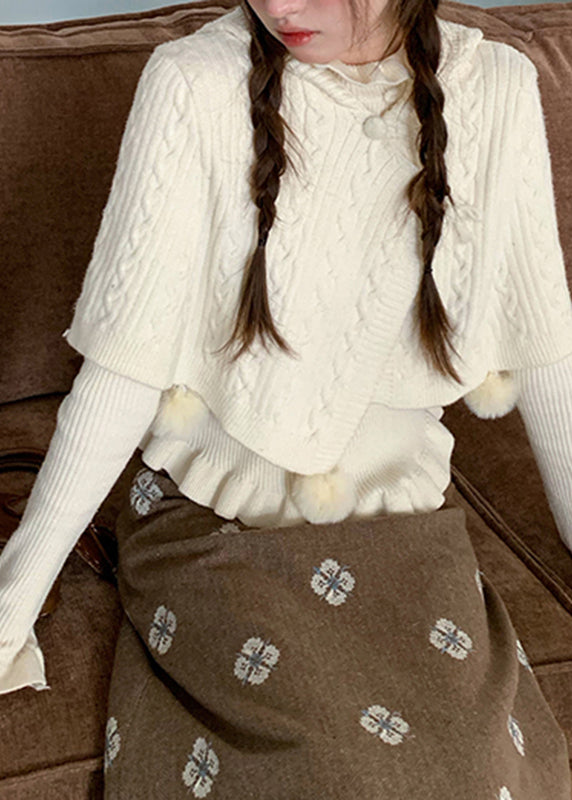 White Ruffled Cotton Knit Cloak and Sweaters Two Pieces Set Flare Sleeve