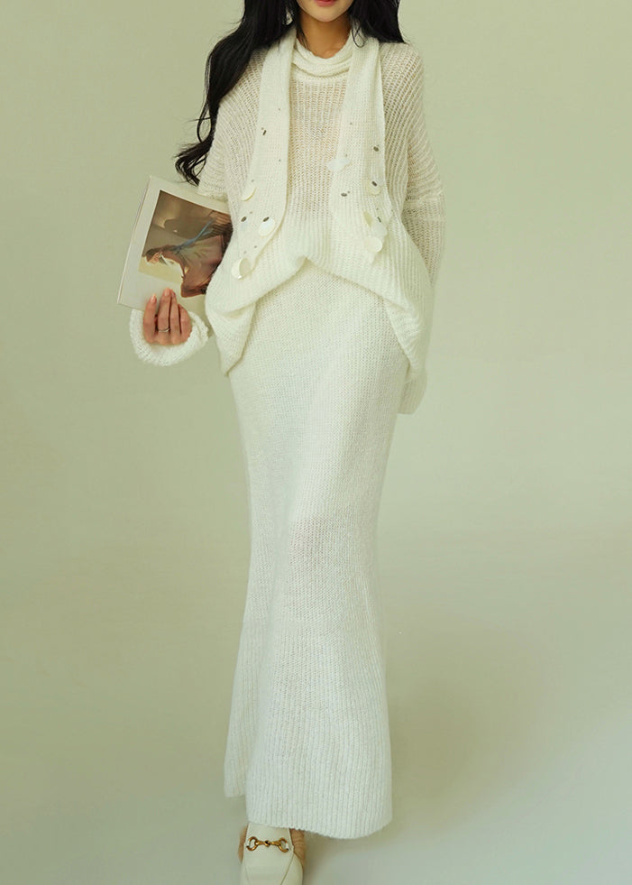 White Sequins Sweaters and Skirts Knit Two-piece Set V Neck