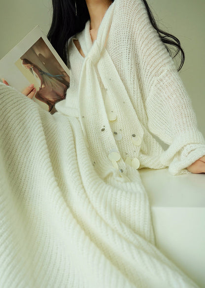 White Sequins Sweaters and Skirts Knit Two-piece Set V Neck