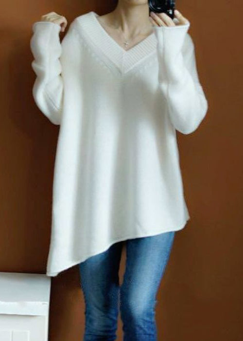 White Cozy Knit Sweaters Top V Neck Spring