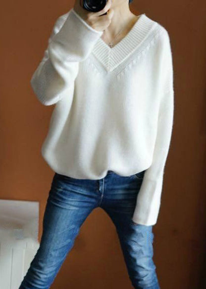 White Cozy Knit Sweaters Top V Neck Spring