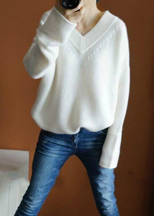 White Cozy Knit Sweaters Top V Neck Spring
