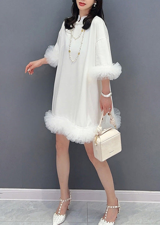 White Stand Collar Button Mid Dress Half Sleeve