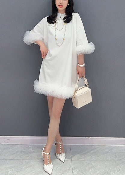 White Stand Collar Button Mid Dress Half Sleeve