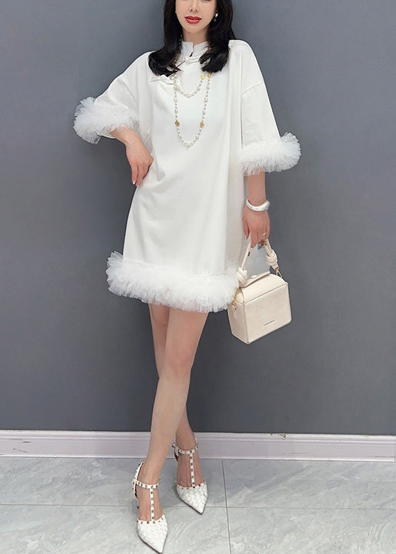 White Stand Collar Button Mid Dress Half Sleeve
