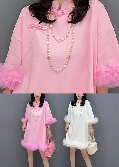 White Stand Collar Button Mid Dress Half Sleeve