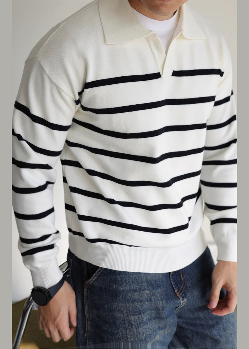 White Striped Cozy Knit Sweater Peter Pan Collar