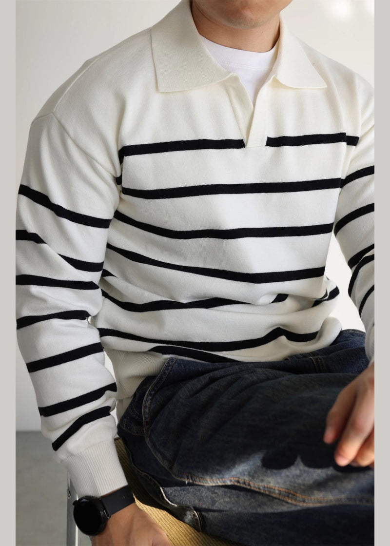 White Striped Cozy Knit Sweater Peter Pan Collar