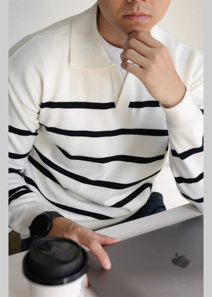 White Striped Cozy Knit Sweater Peter Pan Collar