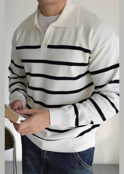 White Striped Cozy Knit Sweater Peter Pan Collar