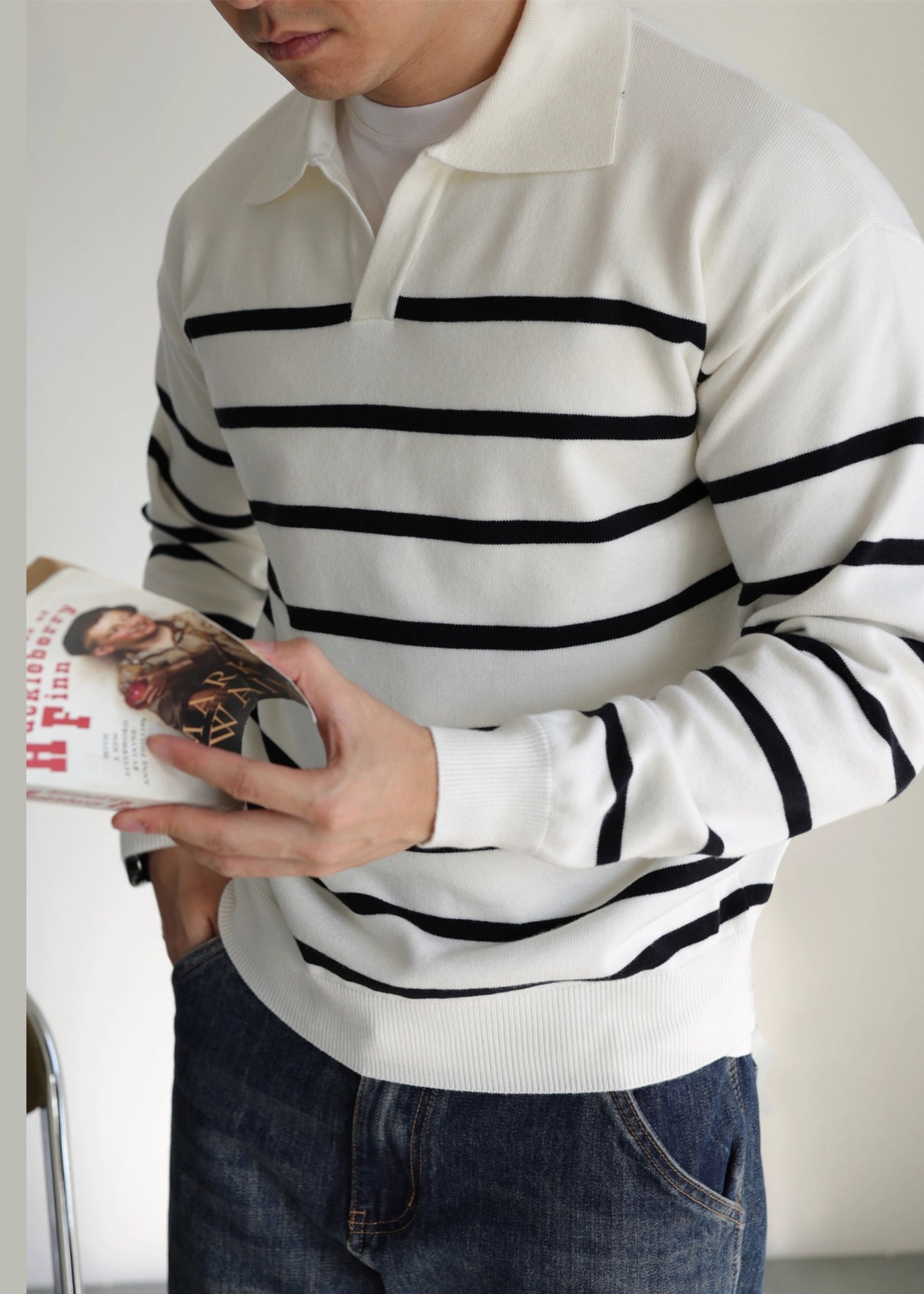 White Striped Cozy Knit Sweater Peter Pan Collar