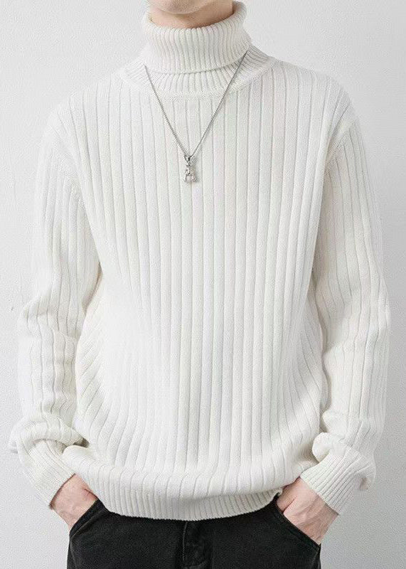 White Striped Knit Winter Sweaters Turtleneck