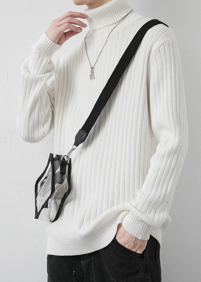 White Striped Knit Winter Sweaters Turtleneck