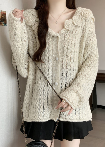 White Three-dimensional Knit Cardigan Oversized Fall