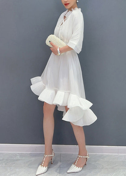 White V Neck Tie Lace Asymmetrical Short Dress