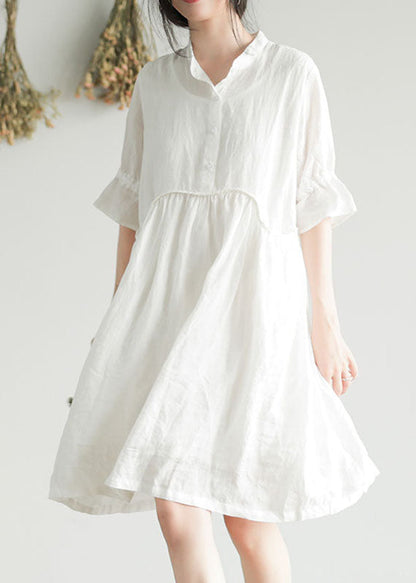 White Wrinkled Button Ramie Mid Dress Half Sleeve
