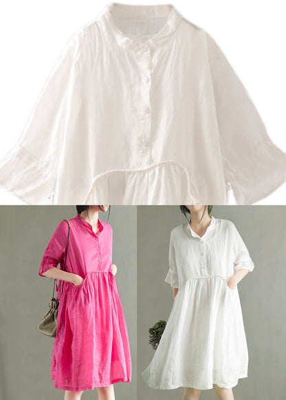 White Wrinkled Button Ramie Mid Dress Half Sleeve