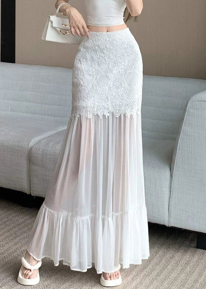 White Wrinkled Lace Patchwork Tulle Summer Skirt High Waist