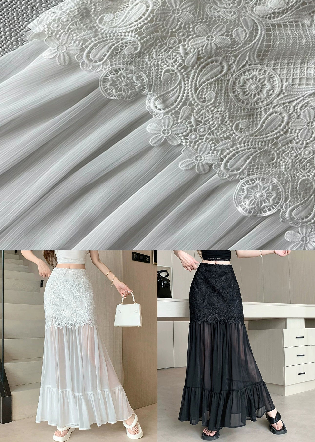 White Wrinkled Lace Patchwork Tulle Summer Skirt High Waist