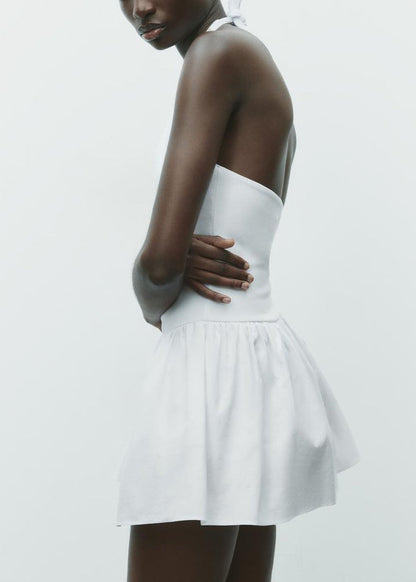 White Wrinkled Cotton Mini Dress Backless Summer