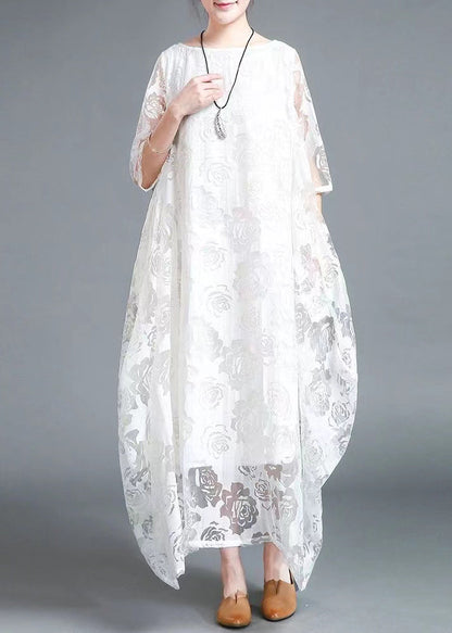 Red Lace Vacation Dress Hollow Out Asymmetrical Bracelet Sleeve