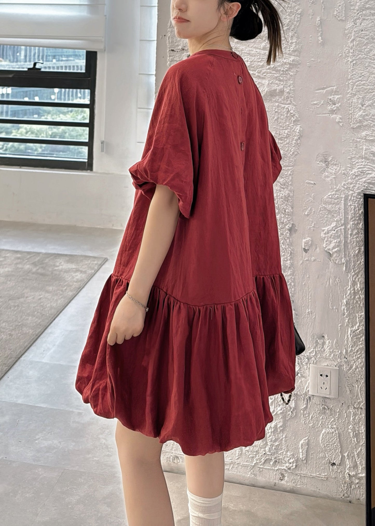 Wine Red Back Button Linen Dresses O Neck Puff Sleeve