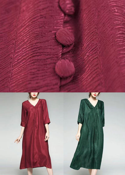 Wine Red Patchwork Silk Dress V Neck Side Open Bracelet Sleeve