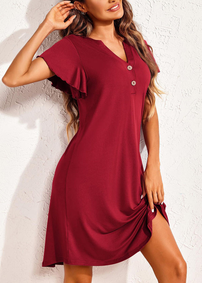 Wine Red Cotton Summer Pajamas Dresses V Neck