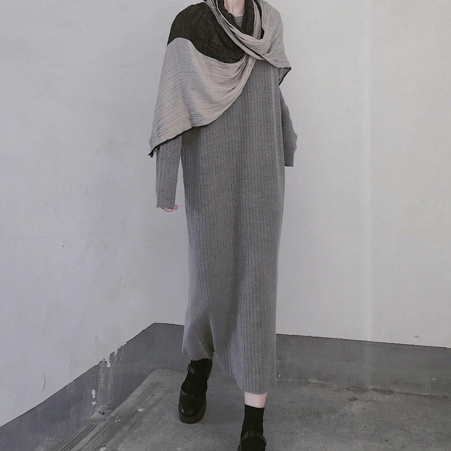 Winter Gray Sweate Outfit Refashion O Neck Long Sleeve Art Knit Dresses