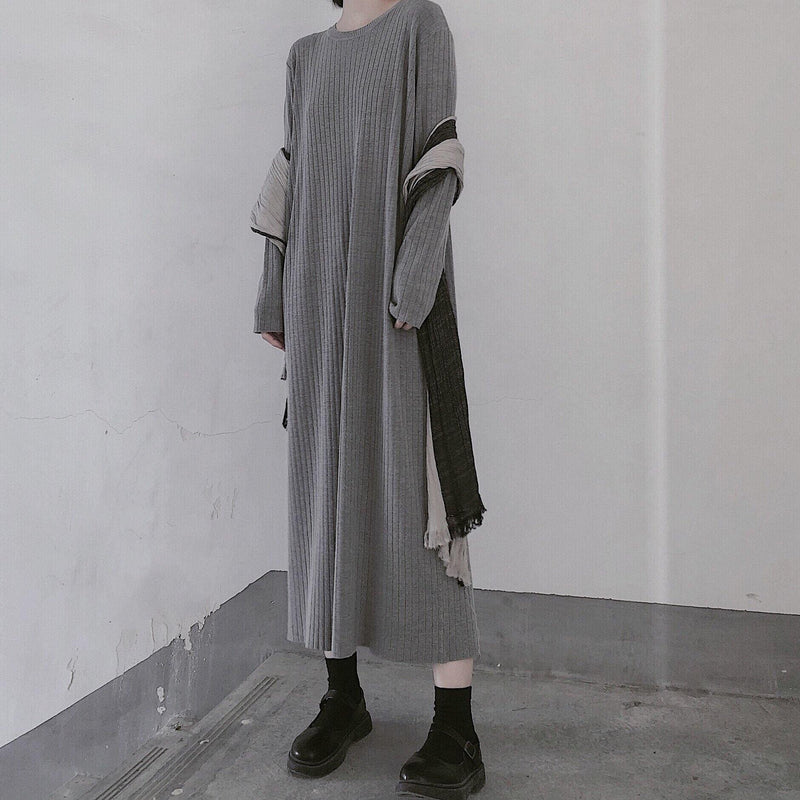 Winter Gray Sweate Outfit Refashion O Neck Long Sleeve Art Knit Dresses