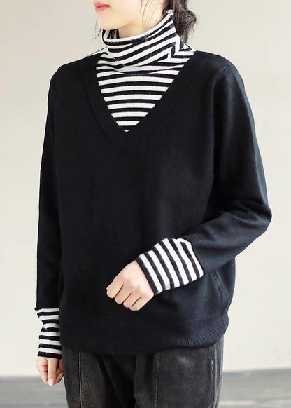 Winter Spring Black Sweaters Loose Fitting Patchwork High Neck Knit Tops