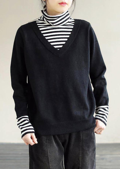 Winter Spring Black Sweaters Loose Fitting Patchwork High Neck Knit Tops