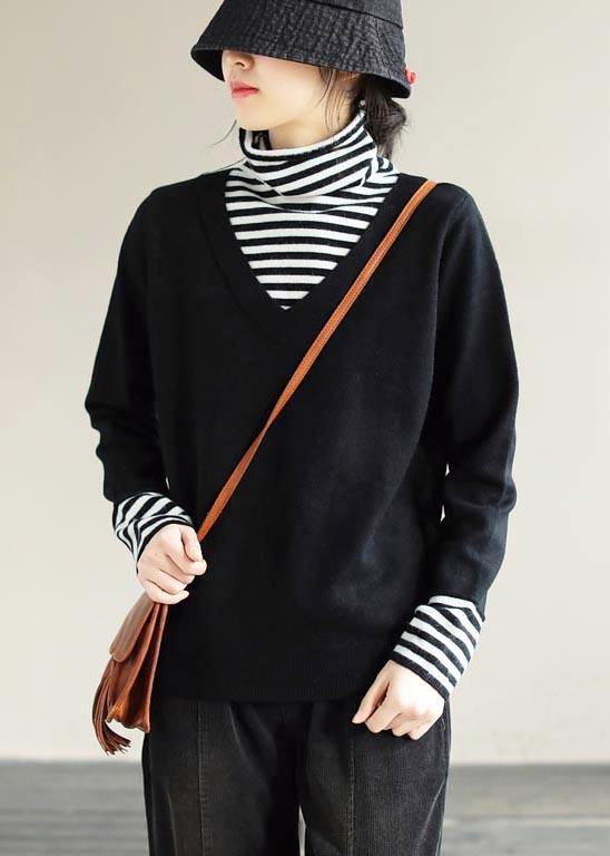 Winter Spring Black Sweaters Loose Fitting Patchwork High Neck Knit Tops