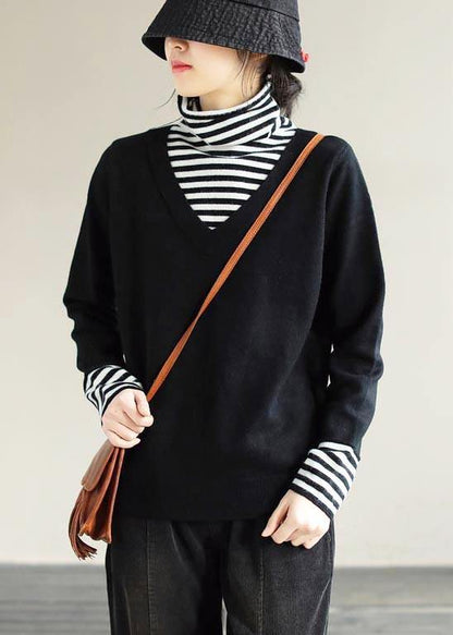 Winter Spring Black Sweaters Loose Fitting Patchwork High Neck Knit Tops