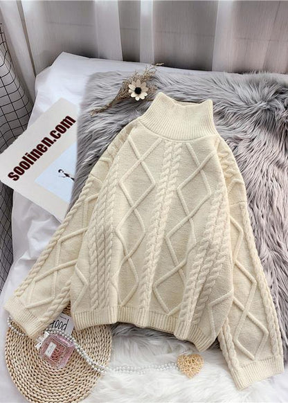 Winter Beige Crane Tops High Neck Thick Oversize Knit Sweat Tops