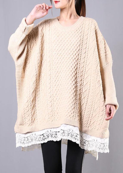 Winter Beige Knit Top Silhouette O Neck Batwing Sleeve Clothing Knitwear