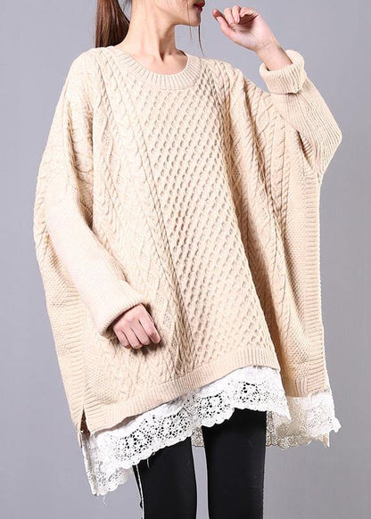 Winter Beige Knit Top Silhouette O Neck Batwing Sleeve Clothing Knitwear