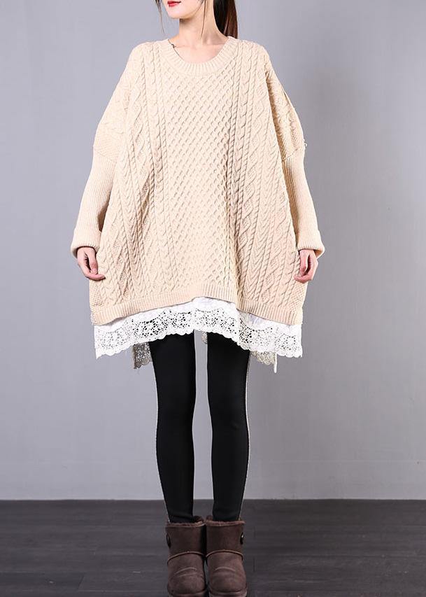 Winter Beige Knit Top Silhouette O Neck Batwing Sleeve Clothing Knitwear