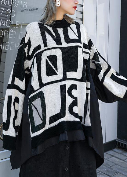 Winter Black Knitted T Shirt O Neck Patchwork Knit Sweat Tops