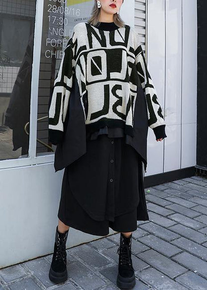 Winter Black Knitted T Shirt O Neck Patchwork Knit Sweat Tops