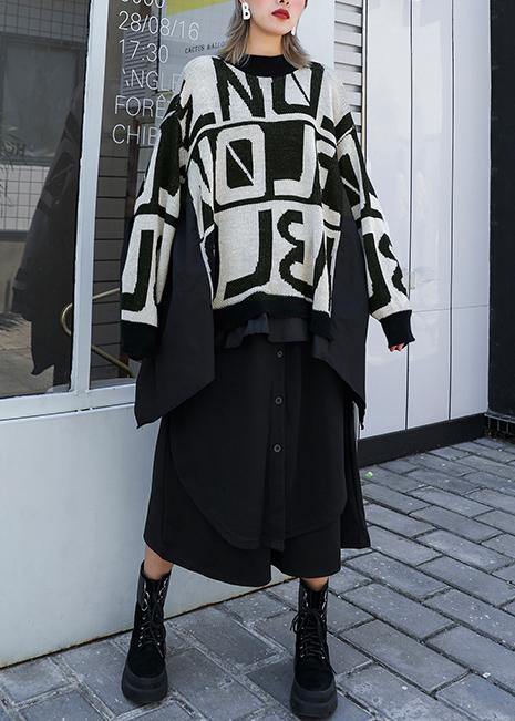 Winter Black Knitted T Shirt O Neck Patchwork Knit Sweat Tops