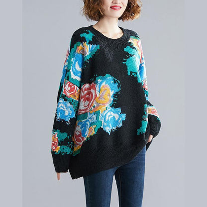 Winter Black Print Knitted T Shirt O Neck Knit Sweat Tops