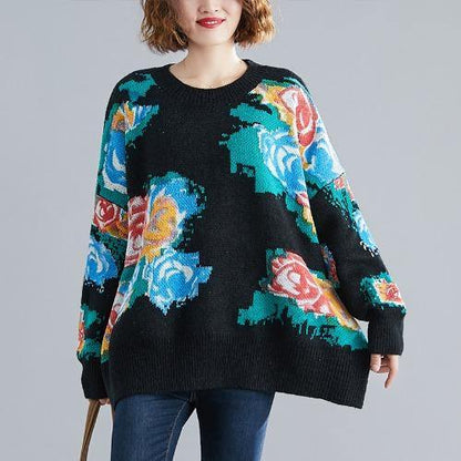 Winter Black Print Knitted T Shirt O Neck Knit Sweat Tops