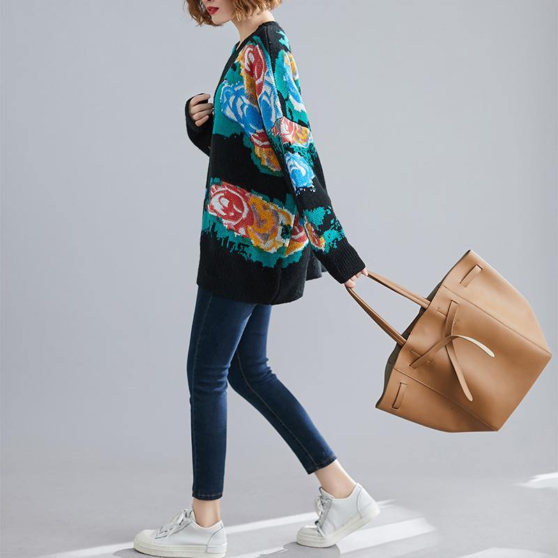 Winter Black Print Knitted T Shirt O Neck Knit Sweat Tops