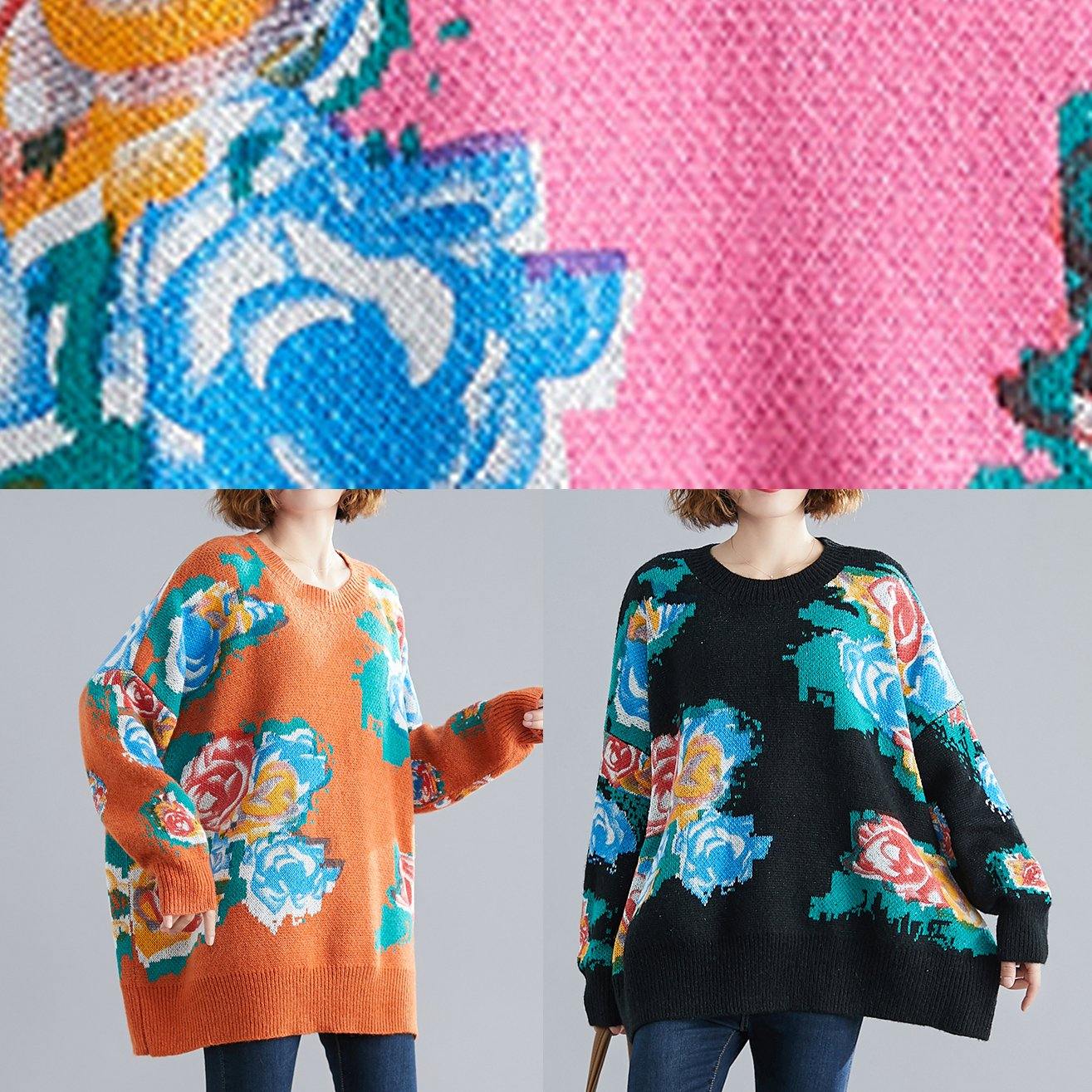Winter Black Print Knitted T Shirt O Neck Knit Sweat Tops