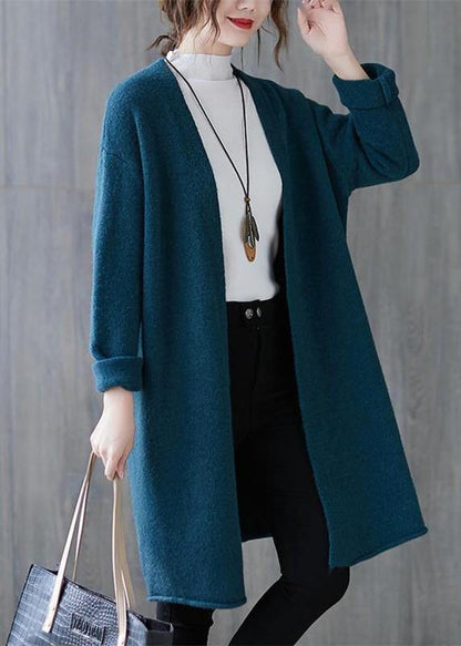 Winter Blue Knitted Outwear Clothing Fall V Neck Knitted Coat