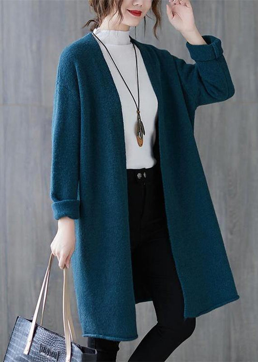 Winter Blue Knitted Outwear Clothing Fall V Neck Knitted Coat