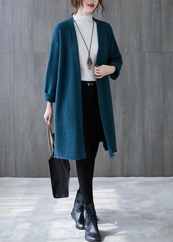 Winter Blue Knitted Outwear Clothing Fall V Neck Knitted Coat