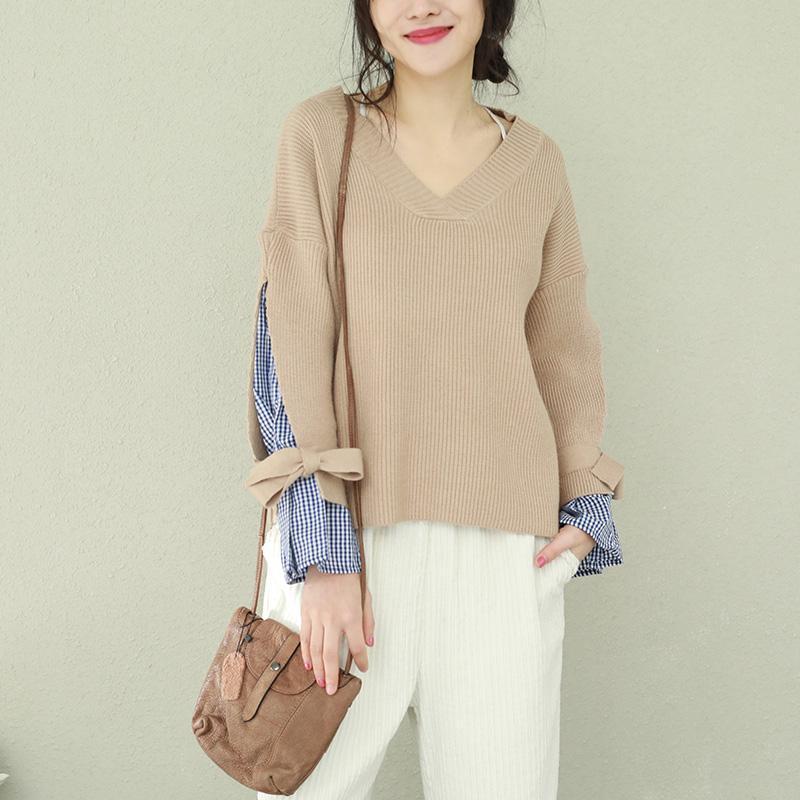 Winter Brown Knit Tops V Neck Knit Sweat Tops False Two Pieces
